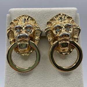 Vintage Kenneth Jay Lane KJL Lion Head Door Knocker Gold Plated Earrings Clip On